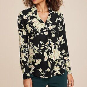 MAURICES Atwood Pleated Floral Blouse Black Cream Beige Long Sleeve Work Office